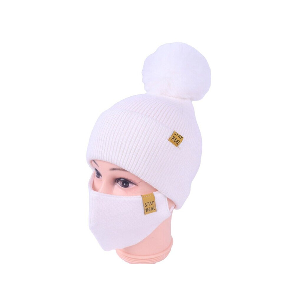 83XC Unisex 2 In 1 Winter Pompom Beanie Hat Face Mask Set Letters Knitted Cuffed Skull Cap with Buttons Windproof Mouth Cover-image-OPC-PBR78XV-NEW
