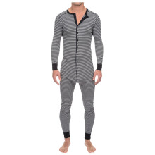 Fitness Sexy Homewear Buttons Pajamas Rompers Men Striped Print Jumpsuit Onesies Long Sleeve Round Collar Jumpsuit Sleepwear
