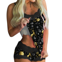 Satin Clothes Pajama Set For Women Lingerie Lace Trim Nightgown Tank Top BoyShorts Sexy Sleepwear 2 Shorts Set Women