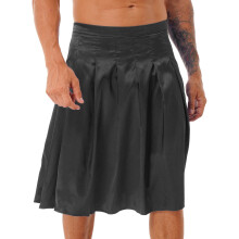 Mens Sleepwear Pleated Satin Midi Skirt Loungewear Side Invisible Zipper Back Elastic Waistband Skirts Nightwear Pajamas Bottom