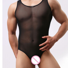 Men's mesh vest suit male sexy thin transparant conjoined body net hole tank underskirt bodysuit MXLT1