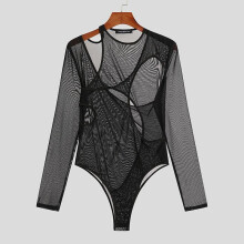 Casual Men Long Sleeve Triangle Rompers Breathable Mesh Sexy Leisure Patchwork Bodysuits S-5XL