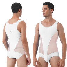 Summer Breathable Sport Bodysuit Sleepwear Casual Sheer Mesh Patchwork Wrestling Sleeveless Bulge Pouch Leatord Swimsuit for Men