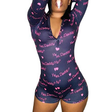 Sexy Onesi Sleepwear Jumpsuit For Adults Women Newest Long Sleeve V-neck Funny Print Pajama Romper Ladies Home Nightwear Summer