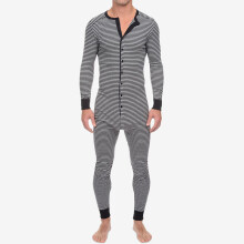 Men Underwear Pajama Skinny Striped Jumpsuit Long Sleeve O Neck Buttons Romper Sleepwear Onesies- Pajama Set Pajamas Men