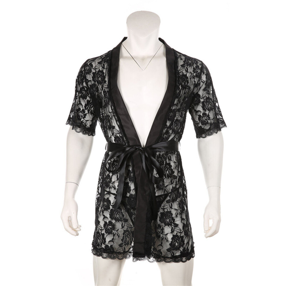 Sexy Lace Mens Robe Set Gay Erotic Sexy Nightgown Men Kimono Bathrobes See Through Dressing Gown Pajamas Sissy Thongs Sleepwear