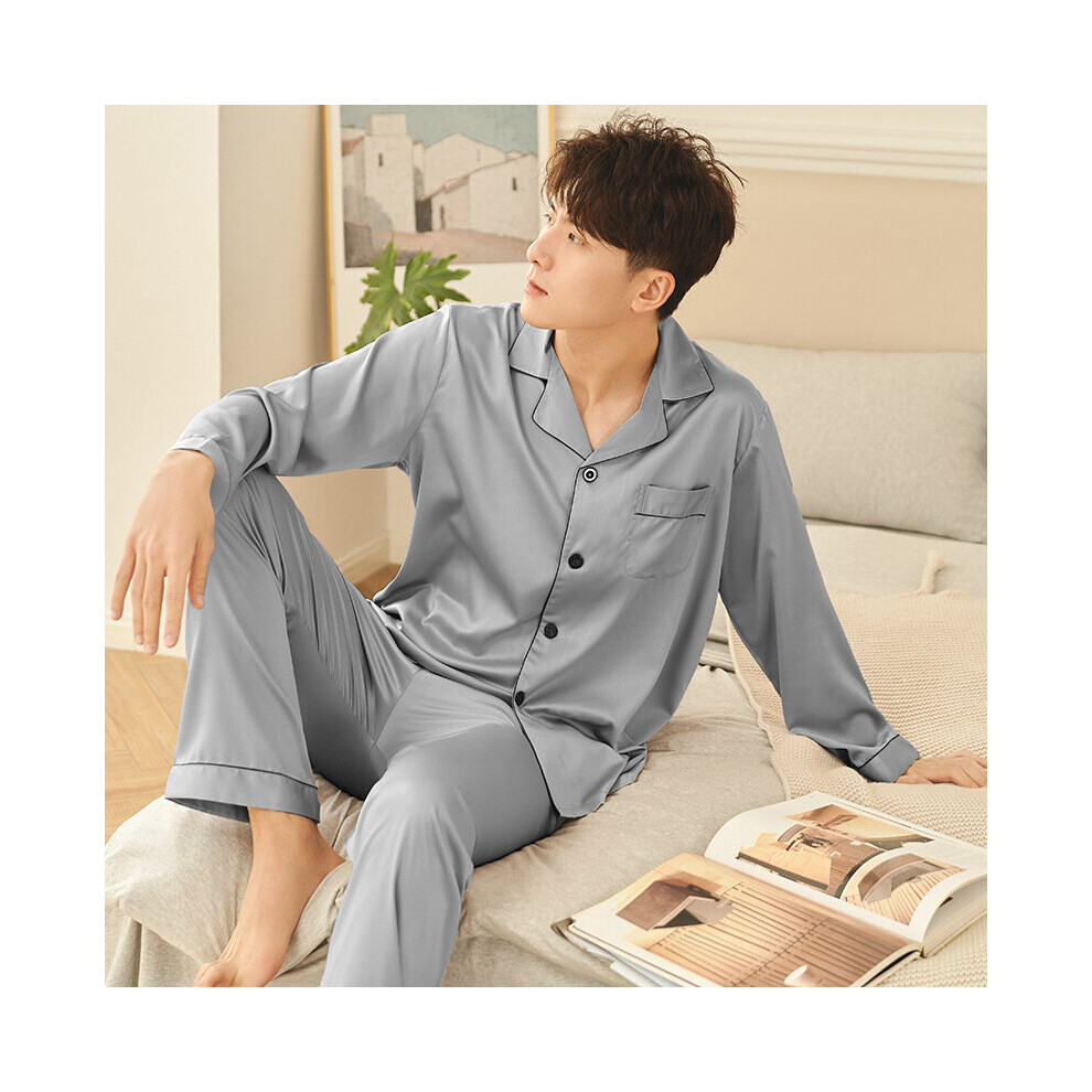 Grey Pajamas Nightshirt Set Satin 2pcs Shirt pants Nightwear Sexy Men Home Clothes Pocket Sleepwear Loose Sleep Suit Pijamas on OnBuy