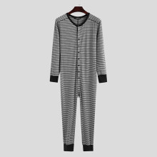 Mens Jumpsuit Pajamas Fitness Homewear Round-neck Long Sleeve Comfortable Sleepwear Button Leisure One-piece Rompers Nightwear