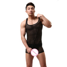 Sexy Costumes Mens Hollow Fishnet Vest Lingerie Breathable Mesh Underwear Set Sexy Pyjama Homme Sleepwear Male Pajamas Suit