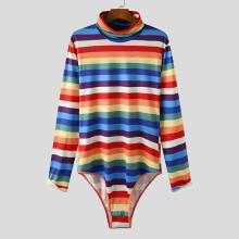 Men Bodysuit Colorful Striped Turtleneck Skinny Long Sleeve Rompers Pajamas Casual Sexy Bodysuits S-5XL