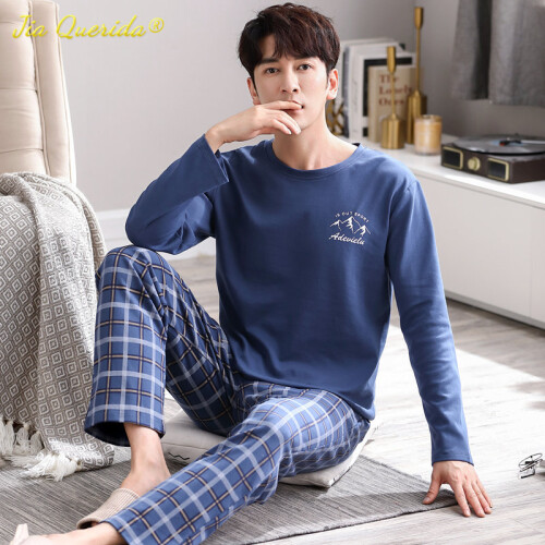 Mens Pajamas Autumn Winter Knitted Cotton Pjs Casual Sleepwear for Men Plus Size 4XL Plaid Long Pants Pijamas for Gentleman