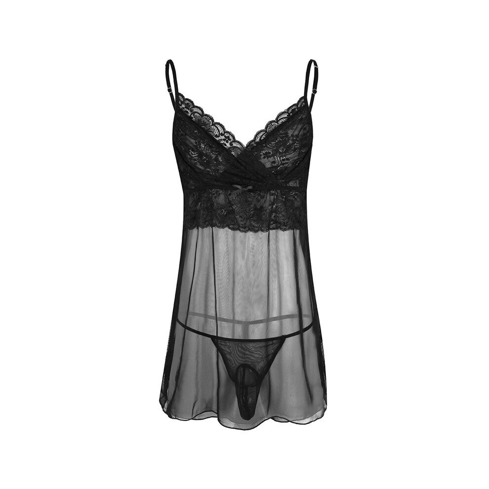 Mens Crossdress Sissy Lingerie Nightwear Gay Lace Mesh Sheer Sleepwear for Men with G-string Jockstrap Underwear Panties