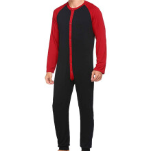 Sleepwear Long Sleeve Colorblock Patchwork One Piece Pajamas Casual Homewear Nightgown Men Buttons Up Jumpsuit Nightwear