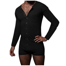 Men's Solid Tight One-piece Shorts Long Sleeve Sexy Crew Neck One-piece Clothes Buttons Pajamas Home Clothes
