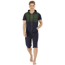Men Patchwork Jumpsuit Short Sleeve Oneises Sleepwear Spring Summer Homewear Zipper Pajamas Men One Piece Hooded Pajamas