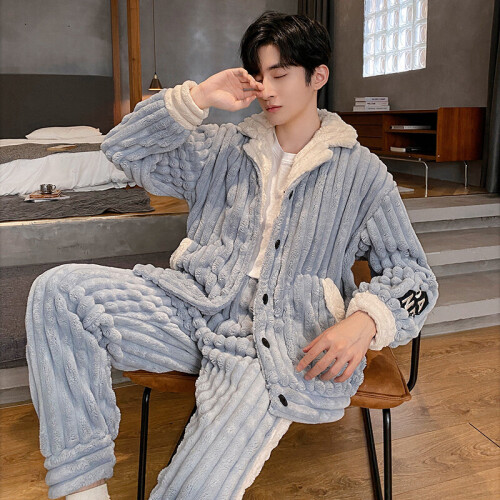 Pajama Set Male Thicken Warm Flannel Long Sleeved Cartoon Men