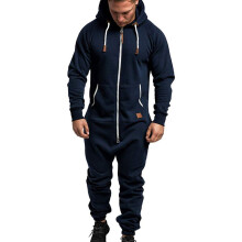 Mens One-piece Garment Pajama Men Solid Splicing Jumpsuit Playsuit Zipper Hoodie Male Patchwork Jumpsuits Overalls