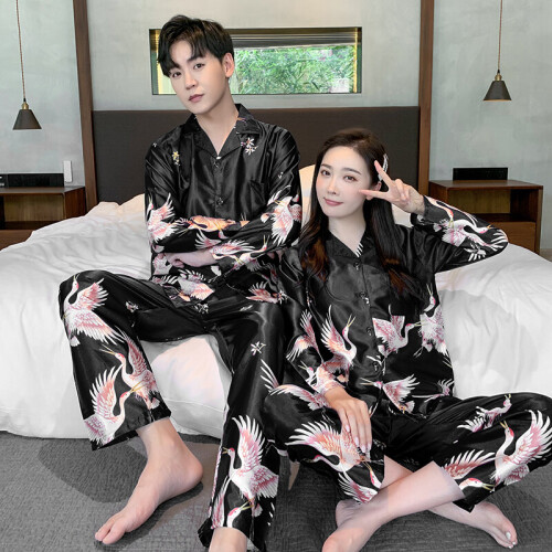 Couples Unisex Silk Pajamas Set Sleepwear Nightgown Long Sleeve Men Satin  Pijama