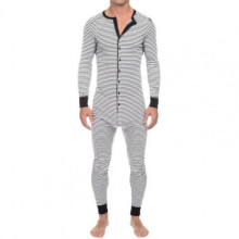 Men Underwear Pajama Skinny Striped Jumpsuit Long Sleeve O Neck Buttons Romper Sleepwear Overall Onesies- Pajama Set