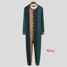 Fitness Button Nightgown Men Pajamas Jumpsuits Leisure Striped Onesies Homewear Long Sleeve V Neck Rompers Sleepwear 5XL