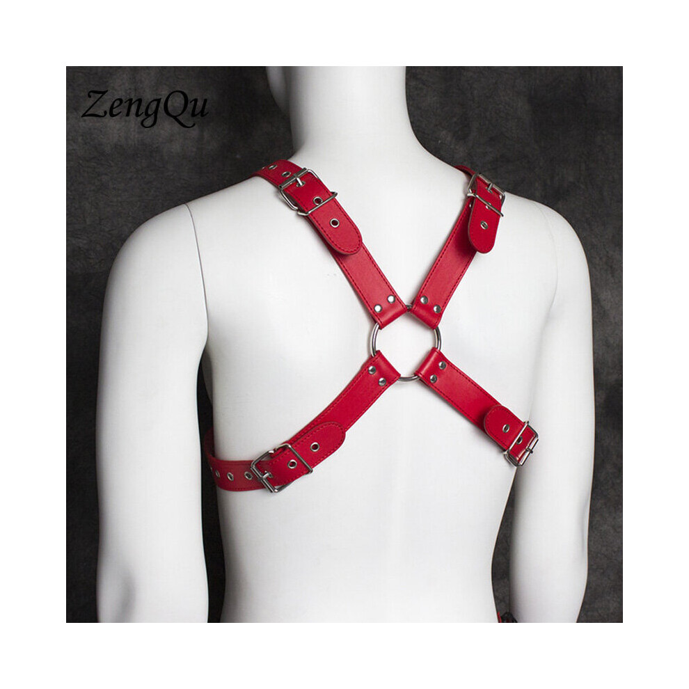 Red,Multicoloured Sexy Men Lingerie Red Faux Leather Adjustable Harness For Chest Costume Metal Pin Buckled Strap Belt