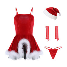 4PCS/Set Sexy Lingerie Soft Lace Plush Suspender Nightdress Christmas Dress Thong Hat Uniform Set Temptation Suit For Women Gift