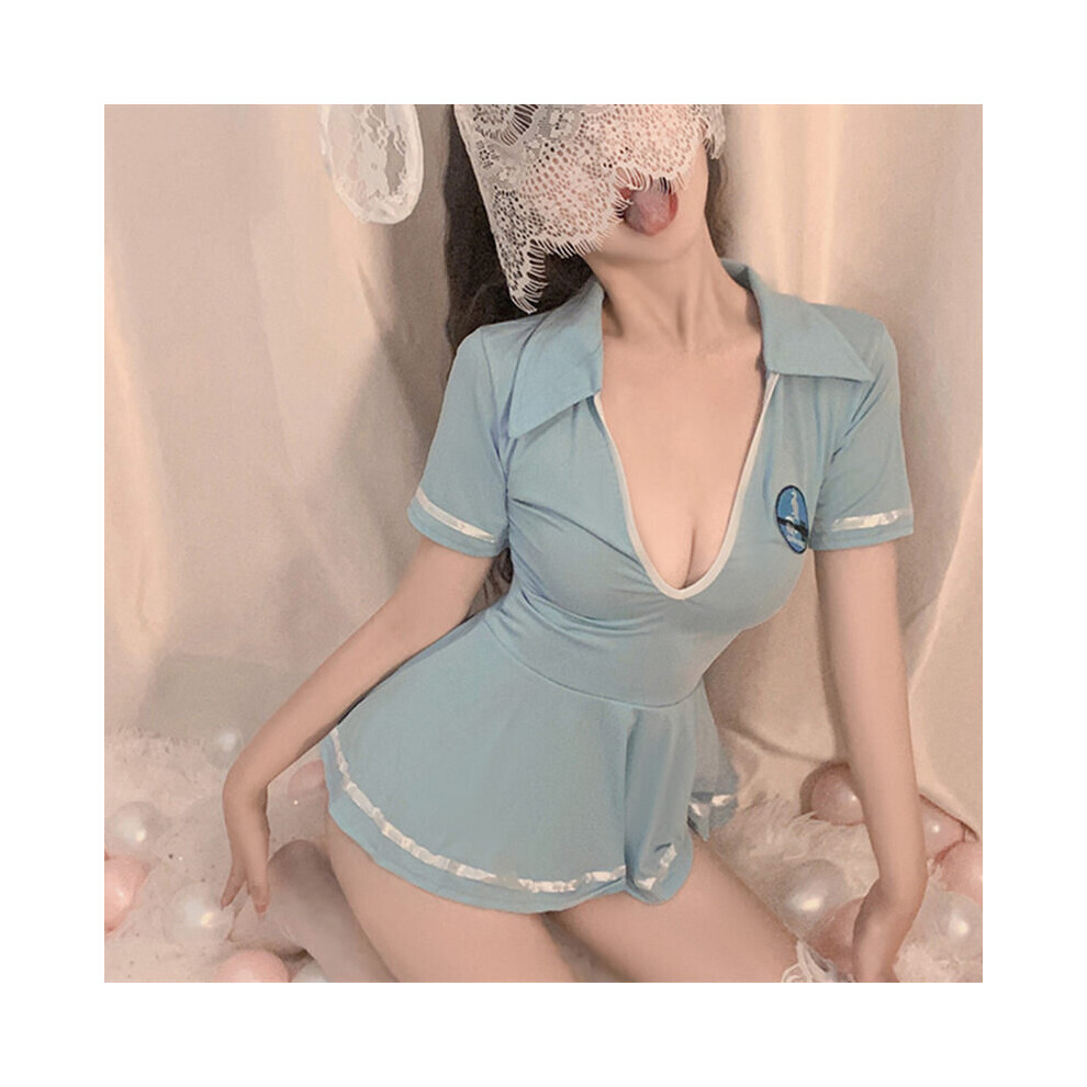 Blue Sexy Lingerie Flight Attendant Policewoman Uniform Hollow Temptation Lapel Deep V Slim Cosplay Nightclub Performance Suit