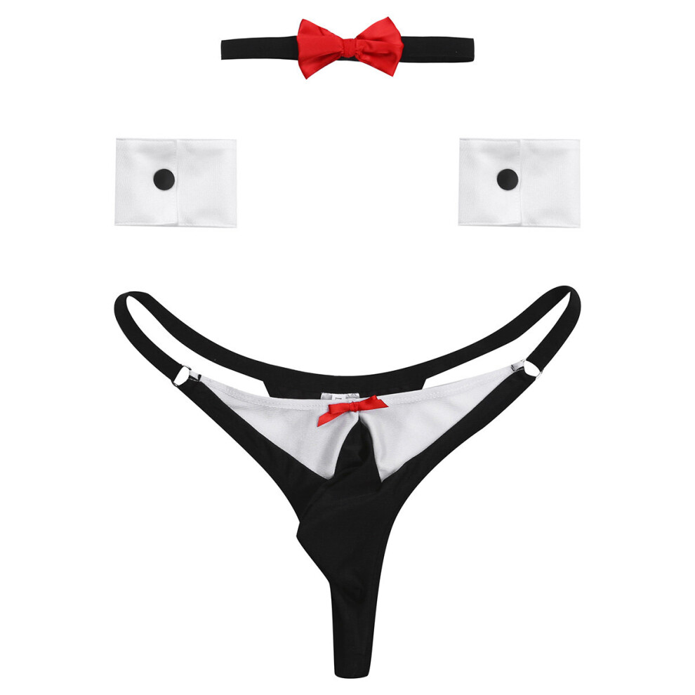 Multicoloured Mens Cosplay Tuxedo Lingerie Set Sexy Waiter G-String Thong With Collar Bracelets Uniform Outfit Sissy Stripper Servant Costumes