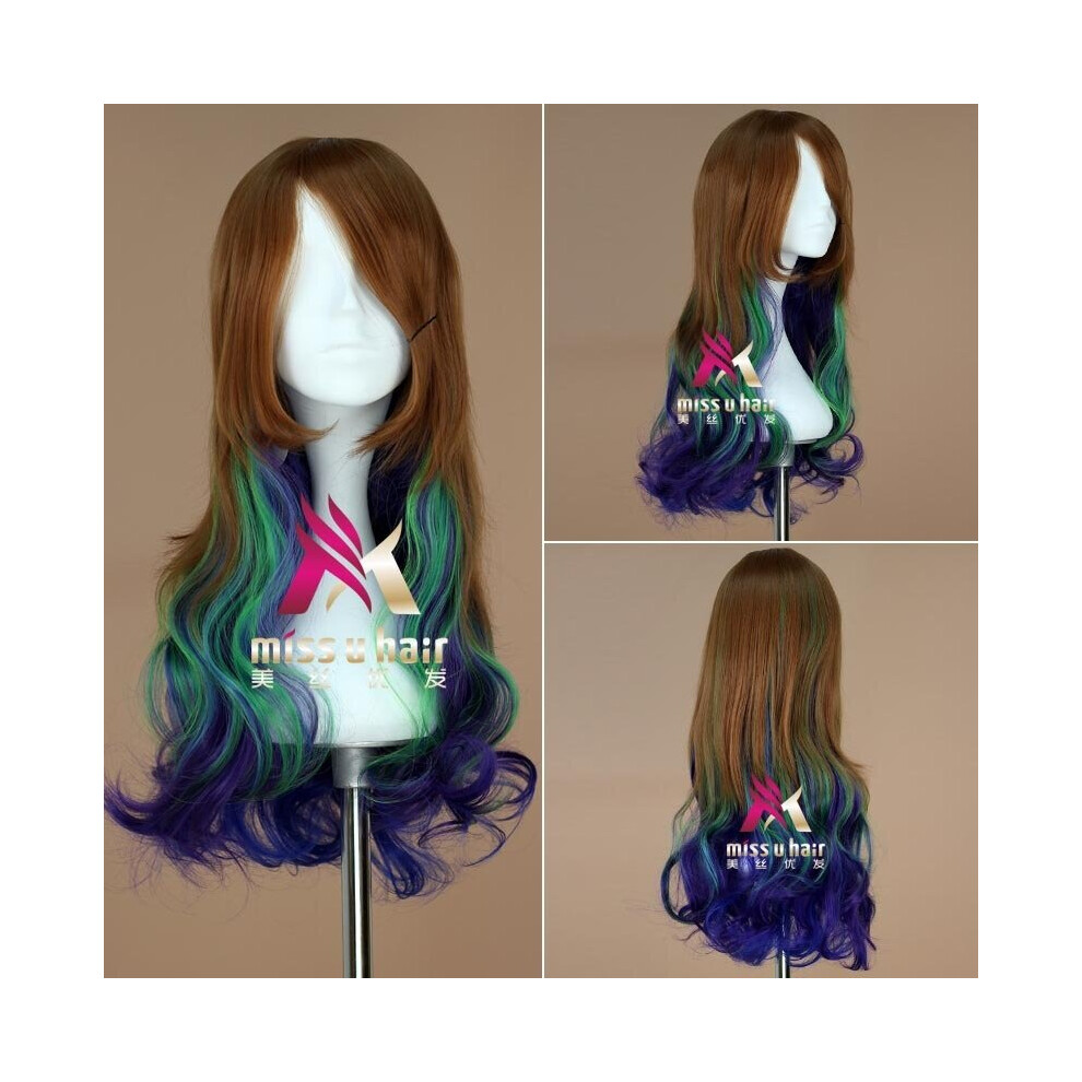 Women's Multicoloured High Harajuku Lolita Long Wavy Rainbow Wig With Bangs Synthetic Hair Cosplay Costume Party Wigs For +Wig Cap