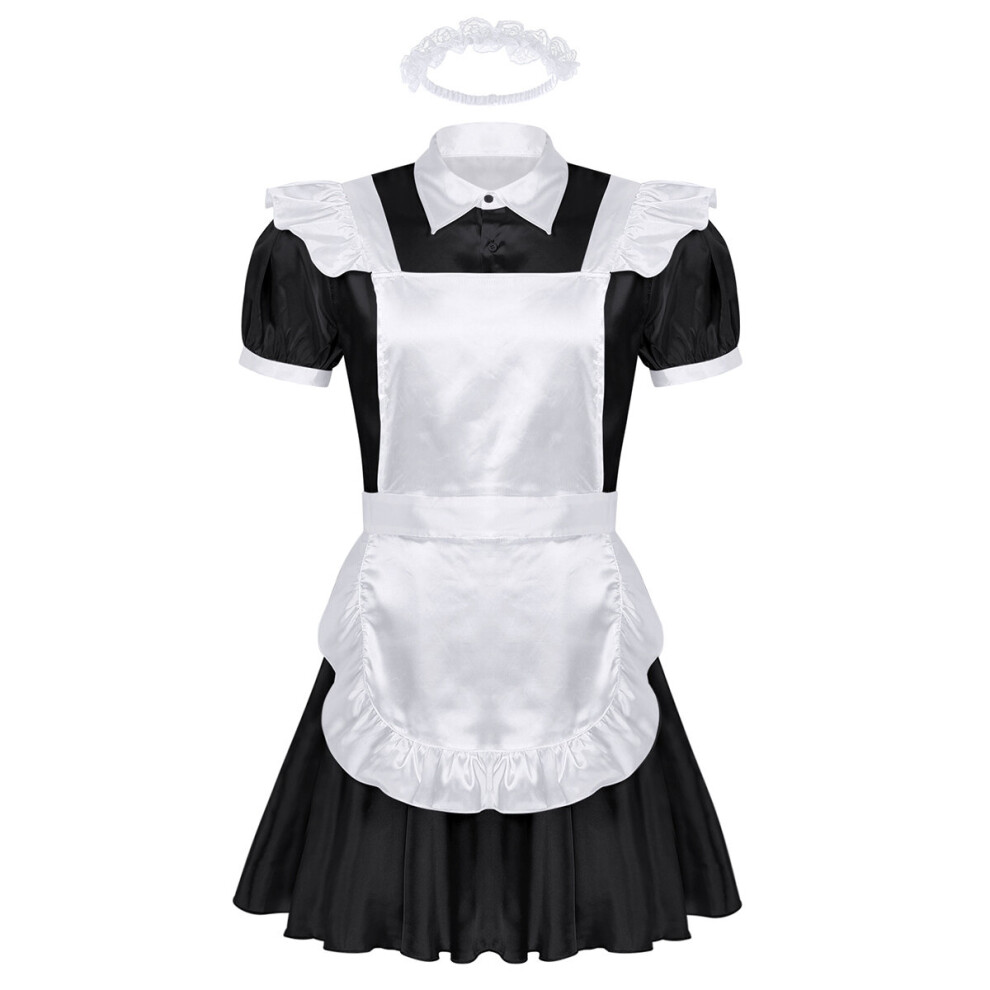 Multicoloured Men Sissy Maid Cosplay Costume Outfit Crossdressing Maid Dress With Apron Headband Sexy Maid Uniform Carnival Roleplay Costume