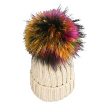 Adult Kids Winter Ribbed Knitted Beanie Hat with Detachable Colorful Pom Pom Windproof Ski Cuffed Skull Cap Ear Warmer