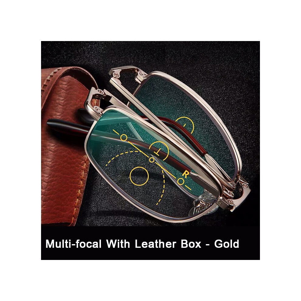 Multifocal Folding Reading Glasses Anti-blue Light Men Women Metal HD Lenses Eyewear Far Near Sihgt Eyeglasses With Leather Box