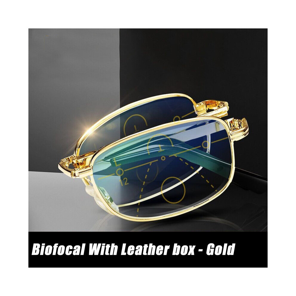 Multifocal Folding Reading Glasses Anti-blue Light Men Women Metal HD Lenses Eyewear Far Near Sihgt Eyeglasses With Leather Box