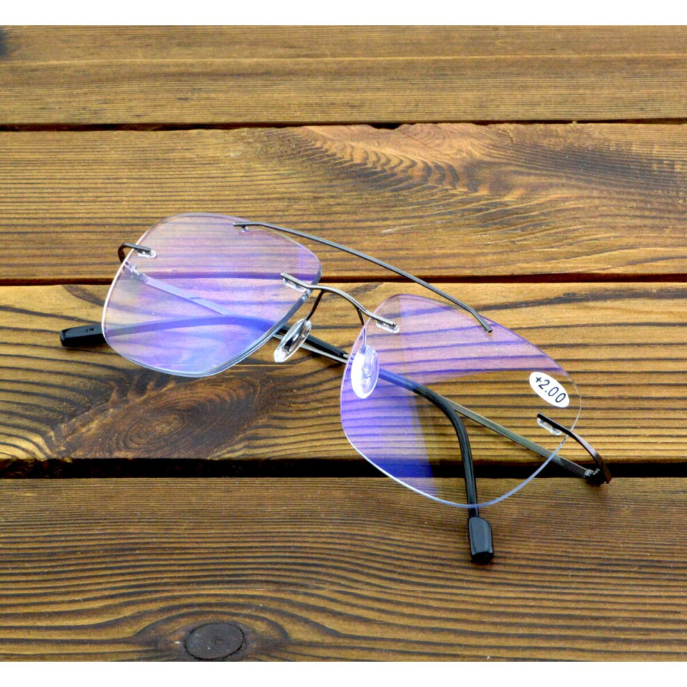 Pilot Double Bridge Rectangle Rimless Progressive Multifocal Reading Glasses +0.75 To +4 See Near and Far