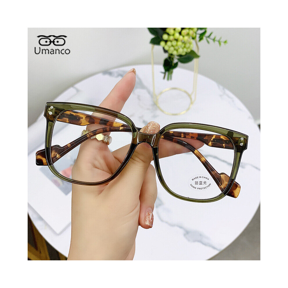 Oversized Square Myopia Glasses for Men Women Green Leopard Frame Anti Light Computer Glasses Finished Prescription Eyewear