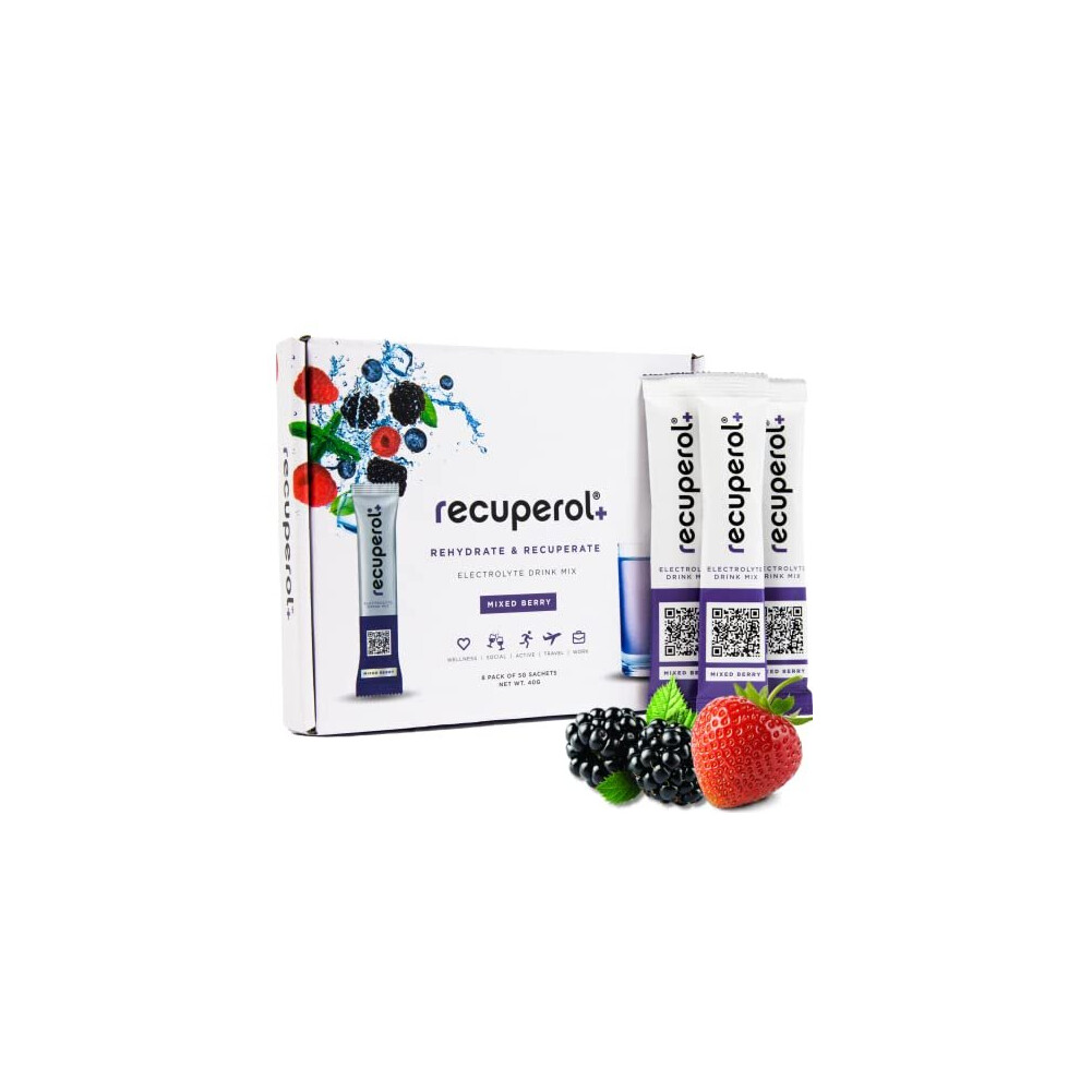 Recuperol Rehydration & Recovery Electrolytes Powder Drink Mix, 8 Pack, High Electrolyte Content, Vegan - Natural Mixed Berry Flavour - Zinc, Vitamin C, B12, D3