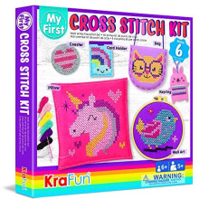 Beginner My First Cross Stitch Kit for Kids Arts & Crafts, 6 Easy Projects of Felt Keyring, Bag, Pillow Craft, Instructions, Gift for Girls and Boys,