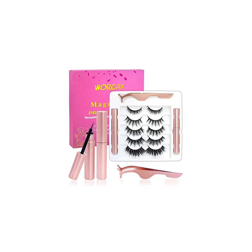 Magnetic Eyelashes, Eye Lashes With 5 Pairs of Magnetic Lashes - 2 Tubes of Magnetic Eyeliner, Reusable Magnetic Eyelashes with Tweezers, No Glue Need