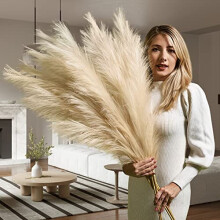 Premium Extra Large Pampas Grass Artificial- Beige Pampas Grass Decor- Faux Pampas Grass Large 3x115cm- Tall, Boho Fluffy Pampas Grass