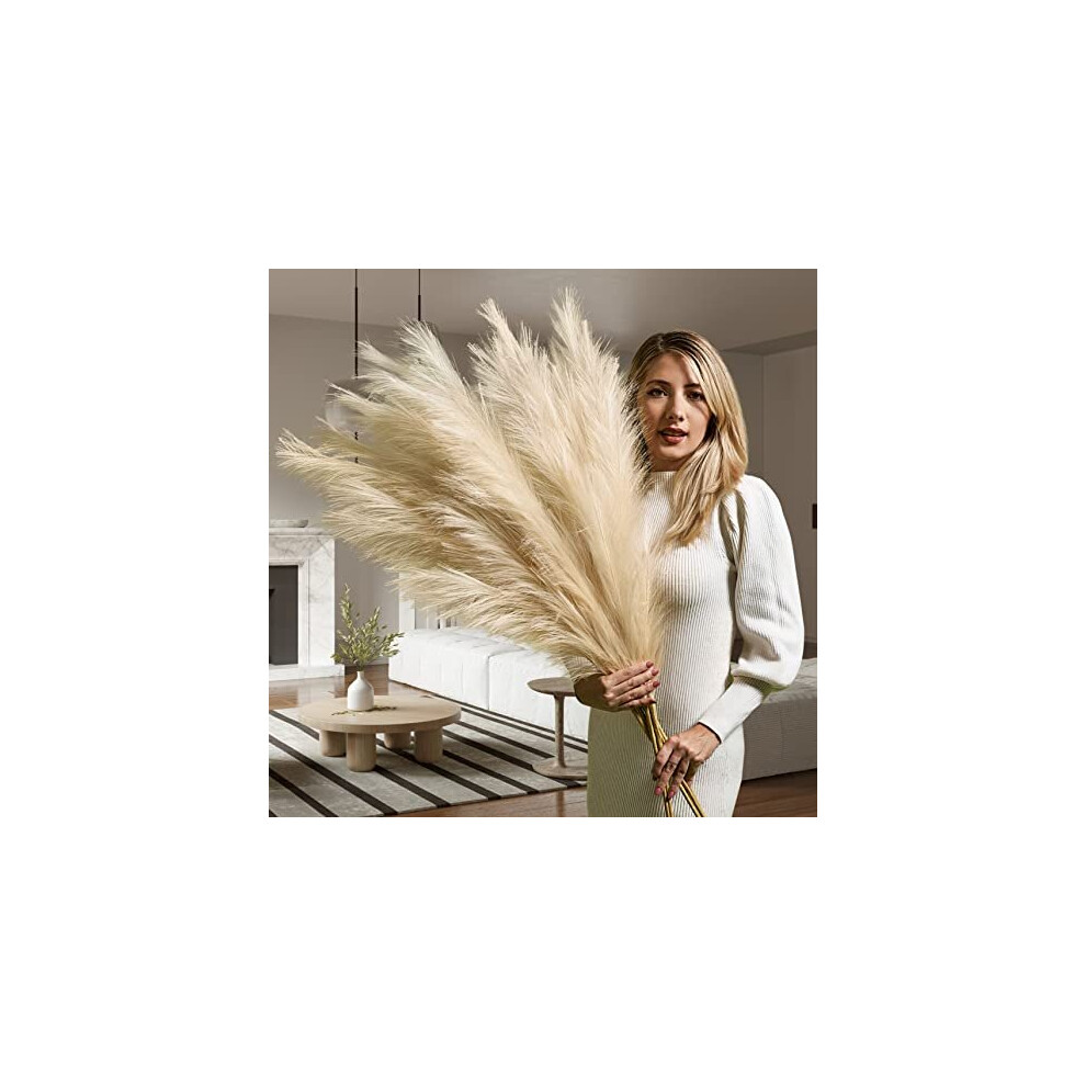 Premium Extra Large Pampas Grass Artificial- Beige Pampas Grass Decor- Faux Pampas Grass Large 3x115cm- Tall, Boho Fluffy Pampas Grass