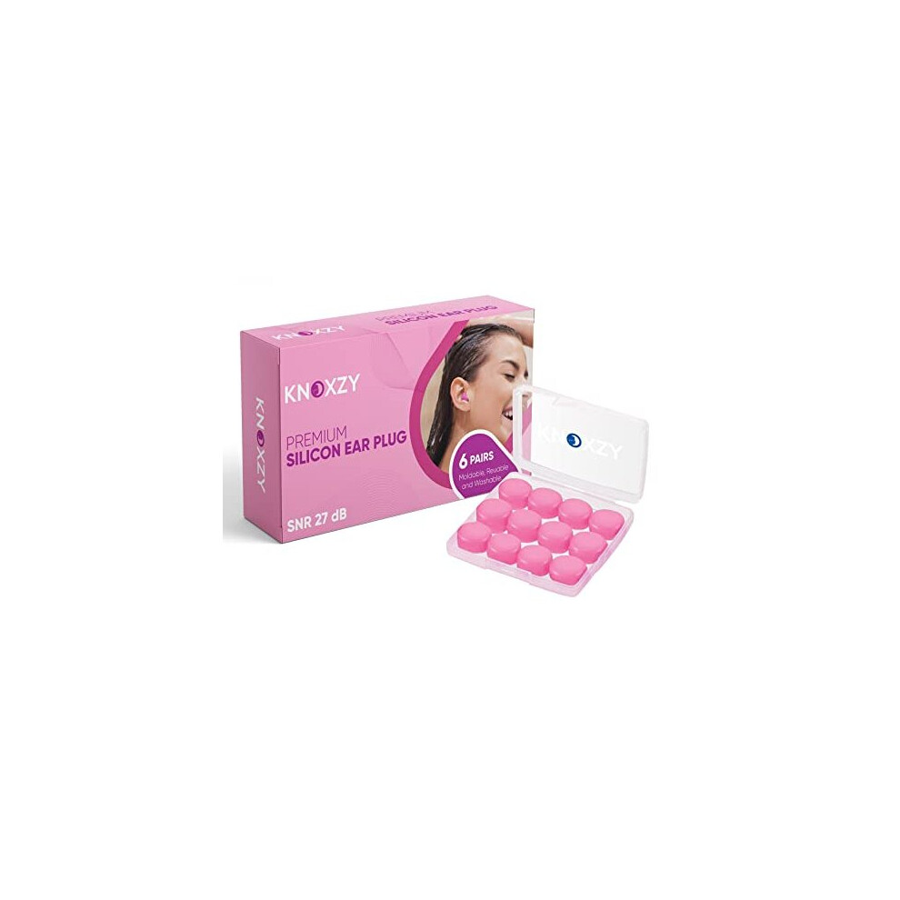 Knoxzy Silicone Ear Plugs - Reusable, Waterproof, 27Db Snr Noise Reduction, Premium Moldable Ear Plugs For Sleep, Travel, Study (Pack Of 1) Pink