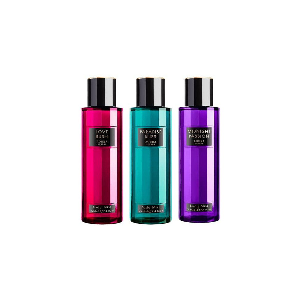 London Womens Midnight Passion, Love Rush, Paradise Bliss Body Mist Mixed Fragrance Spray 220ml Bundle (Pack of 3)