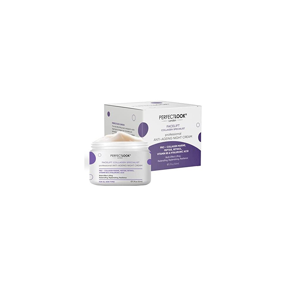 Perfect Look London Cream Collagen Collagen Specialist, Night Face With Collagen Marine, Peptide, Retinol, Hyaluronic Acid And Vitamin B5, Firm And Tone, Anti