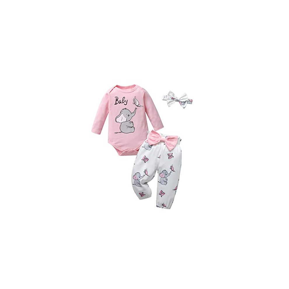 Newborn Baby Girl Clothes Sets Long Sleeve Elephant Animal Pattern Printed Romper + Pants 3Pcs Outfits, Pink, 3-6 Months