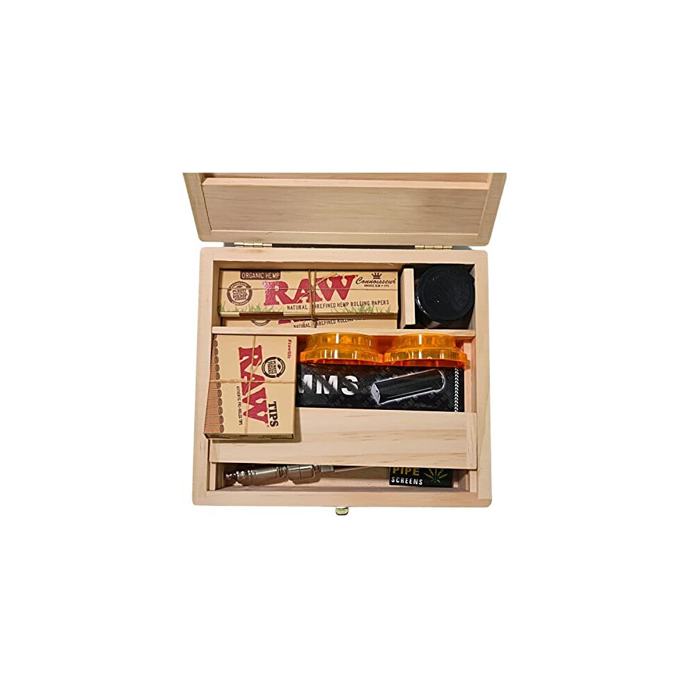 Zactly Exclusive 9 In 1 Smokers Wooden Rolling Box Kit Collection With King Size Raw Papers + Roach, Ks Rolling Machine, Pre-Rolled Tips, Mini Plastic
