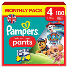 Baby-Dry Nappy Pants Paw Patrol Edition Size 4, 180 Nappies, 9-15kg, Monthly Pack, With A Stop & Protect Pocket To Help Prevent Leaks At The Back