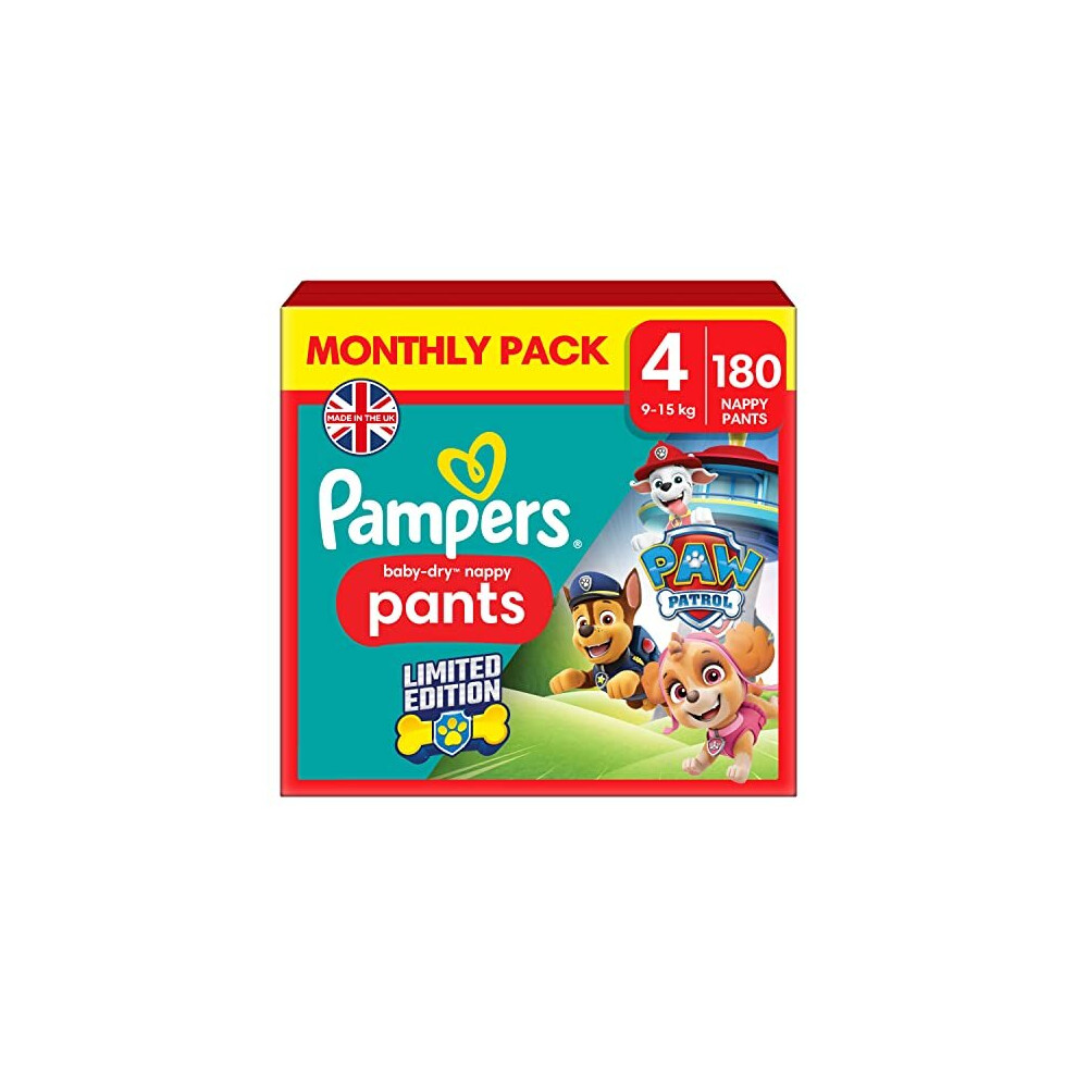 Pampers Baby-Dry Nappy Pants Paw Patrol Edition Size 4, 180 Nappies, 9-15Kg, Monthly Pack, With A Stop & Protect Pocket To Help Prevent Leaks At The Back