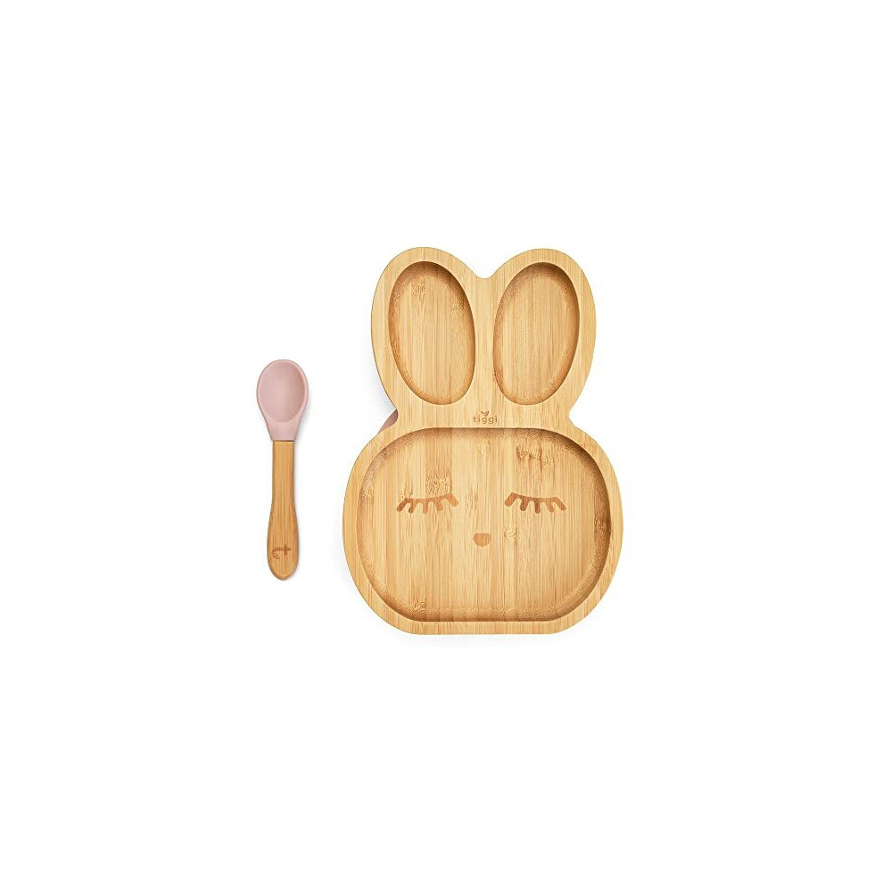 Bamboo Baby Plate And Spoon Set With Stay Put Suction Cup For Kids And Toddlers | Perfect For Baby Led Weaning (Rabbit, ) Pink Tiggi