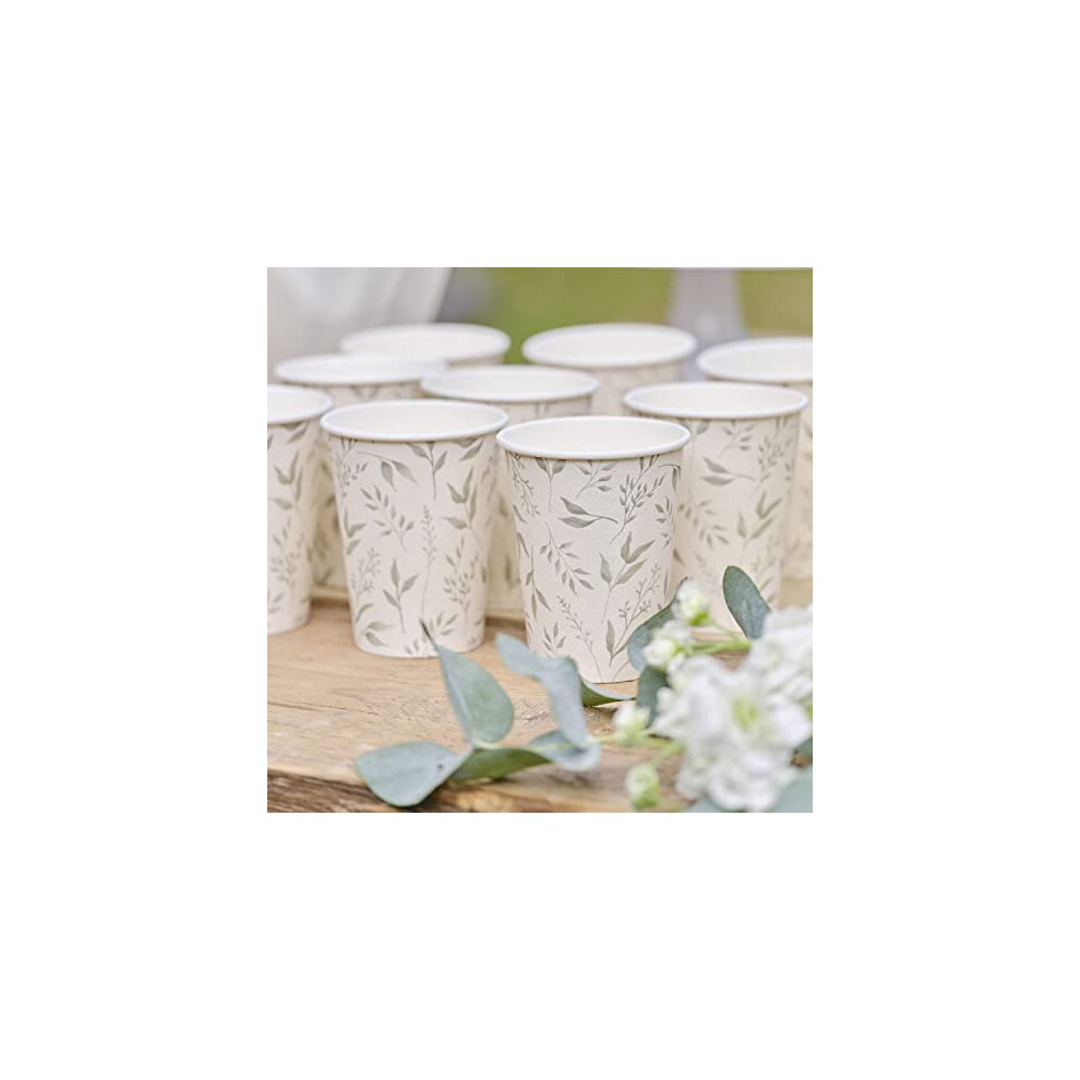 White and Green Botanical Leaf Print Christening Paper Cups Pack of 8