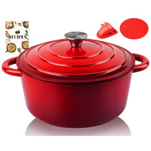 5L Enamelled Cast Iron Round Casserole Dish With Lid,26cm, Cookbook -Non-stick Dutch Oven for Braising, Stews, Roasting, Bread Baking